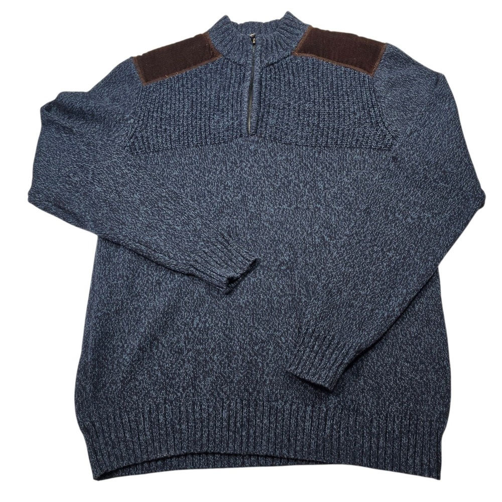 Cambridge Dry Goods Men's L Blue Marl Quarter Zip Sweater Corduroy Trim